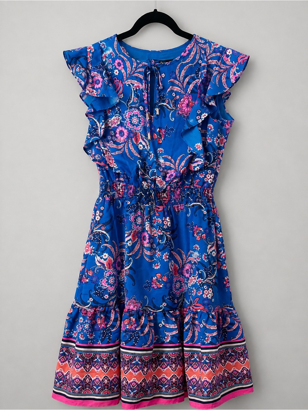 Falling Flowers Blue Floral Paisley Mini Dress Basics Boho Festival Tiered Small